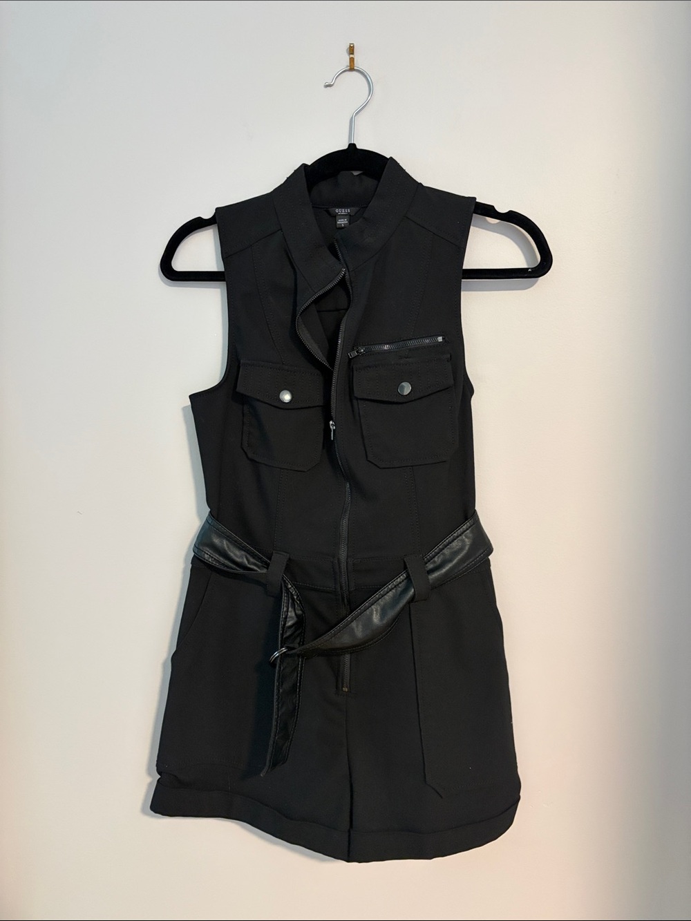 Black Sleeveless Romper with Utility Pockets